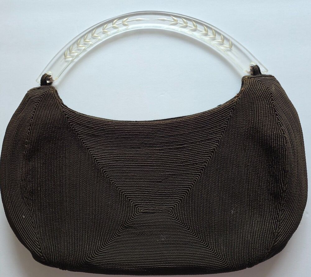 Vintage Genuine Corde Black Cord Handbag Carved Lucite Handle Art Deco